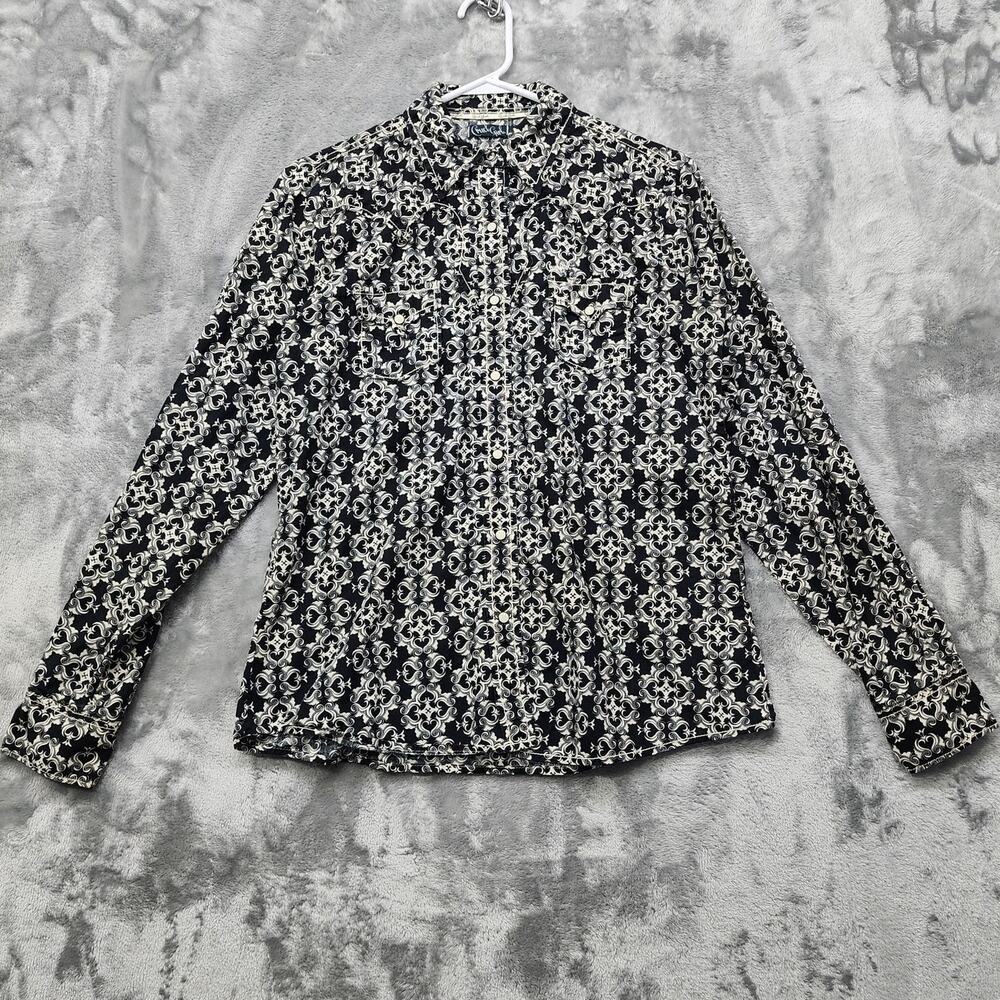 Cruel Girl Top Womens L Black Cream‎ Geometric Pearl Snap Western Cowgirl Casual